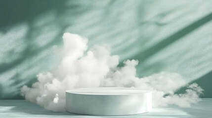 refined product display pedestal set against mint green wall, surrounded by soft clouds