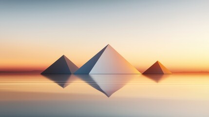 Three pyramids reflect in tranquil waters at sunset, bathed in soft hues, creating a serene and mystical atmosphere.