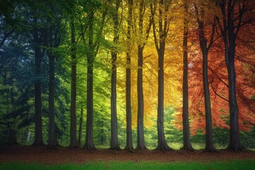 Four seasons changing colors on trees in a colorful forest, from green to red