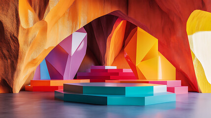 Vibrant abstract podiums in colorful geometric space create striking visual