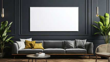 Wall art mock up, modern living room with blank canvas wall art, stylish sofa, and plants