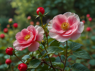 A garden scene with a wild rose bush in full bloom showing delicate pink flowers