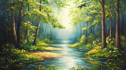 Obraz premium Sunlit forest creek with lush green foliage and glistening water, peaceful nature oil painting. Sunlit Forest. Illustration