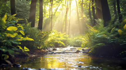 Obraz premium Sunlit forest creek with lush green foliage and glistening water, peaceful nature oil painting. Sunlit Forest. Illustration
