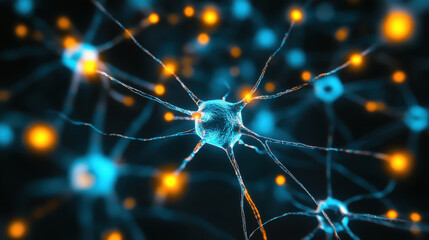 high resolution macro close up of neuron with glowing connections, showcasing intricate details