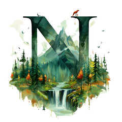 Watercolor Mountain Landscape With Letter N