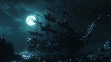 Obraz premium Ancient Pirate Ship Sailing Under Moonlight