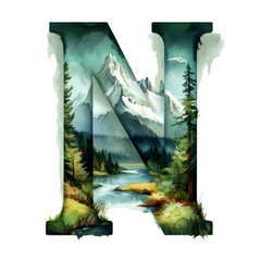 Watercolor Mountain Landscape Letter N