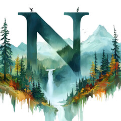 Abstract Nature Landscape with Waterfall and Letter N