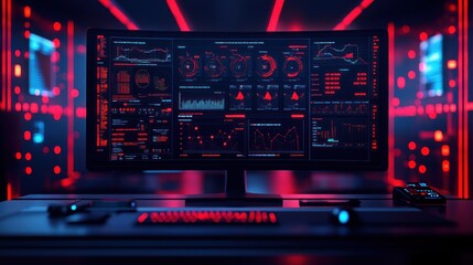 Computer monitor displaying data analysis in a dark room with red lighting.
