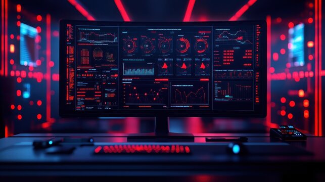 Computer monitor displaying data analysis in a dark room with red lighting.
