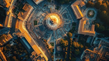 An aerial view of a city with a large dome structure at the center. The surrounding buildings are old and traditional, while the trees provide a touch of greenery.