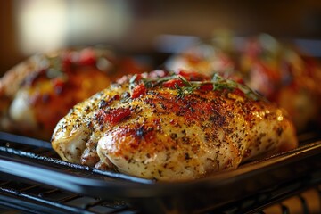 Roasted chicken breast with rosemary and herbs cooking on baking sheet