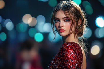 Fototapeta premium Elegant model posing in sparkling red dress at fashion event