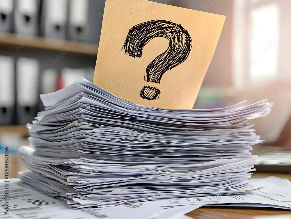 Poster uncertainty in business proposal symbolized by question mark on stack of papers