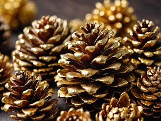 Elegant golden pine cones beautifully decorated for Christmas, adding a touch of luxury and festive charm to holiday ornaments and decorations