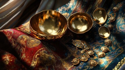 Obraz premium A close-up of ornate golden bowls and a necklace resting on a luxurious patterned fabric.