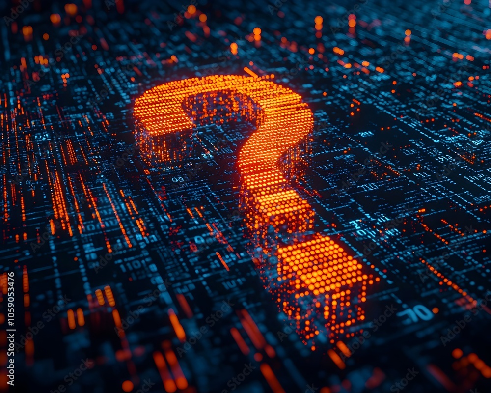 Poster glowing binary code question mark symbolizing uncertainty in tech and digital business landscapes