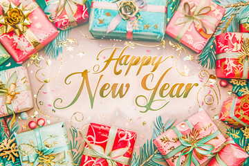 Obraz premium Graceful New Year greeting card with wrapped presents border