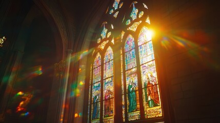 Obraz premium Sunlight streams through a stained glass window in a church, casting colorful rays of light across the interior.