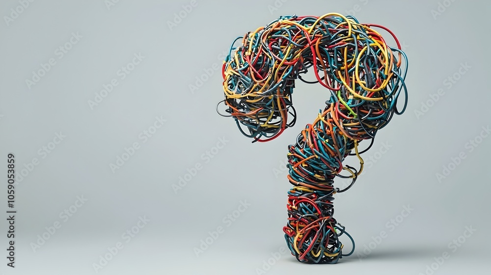 Aufkleber tangled wire question mark symbol of business technology complexity and uncertainty
