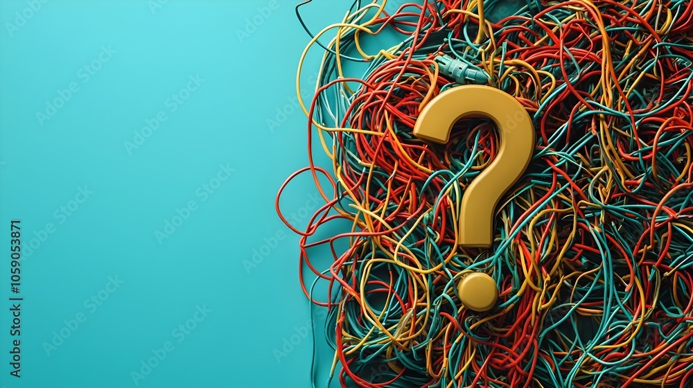 Poster tangled wires question mark symbolizing business technology complexity