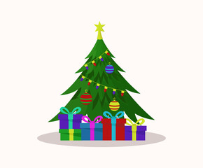 Colorful christmas tree with gifts vector illustration.