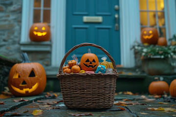 Halloween pumpkin basket filled with assorted candiesб surrounded by jack-o'-lanterns and spooky decorations