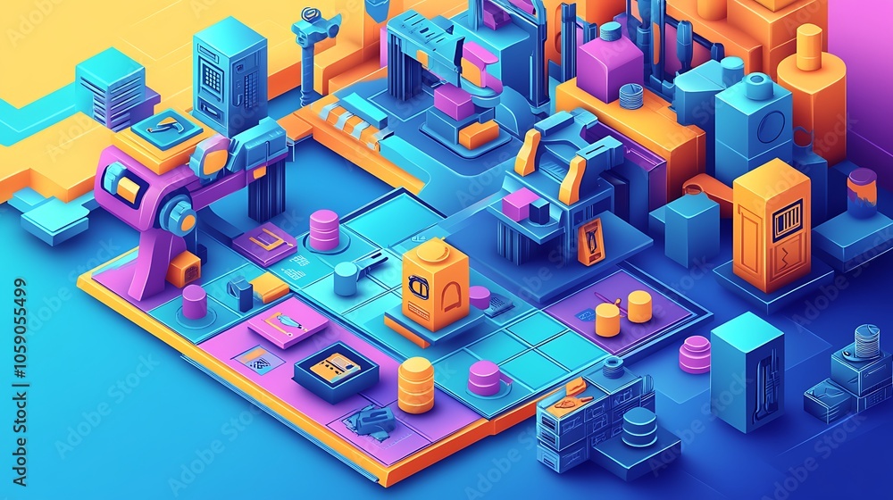 Poster an abstract isometric illustration of a factory with various machines and tools, rendered in a vibra