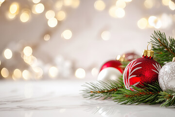 A festive close-up of a Christmas baubles featuring an evergreen pine branch, a glittering red ornament on gold glittering bokeh background.