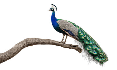 Fototapeta premium peafowl or peacock with long feathers on a tree branch isolated on transparent PNG or white background.