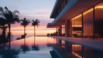 Fototapeta premium Modern luxury villa exterior at dusk with infinity pool, floor-to-ceiling windows, warm sunset sky, palm trees silhouette, premium architectural design.