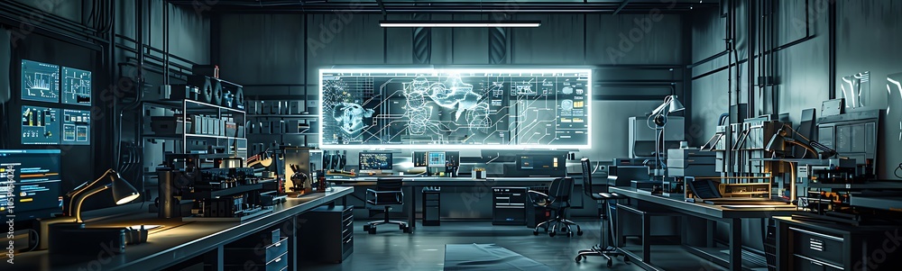 Poster a high-tech laboratory filled with screens, data equipment, and illuminated workspaces, showcasing a