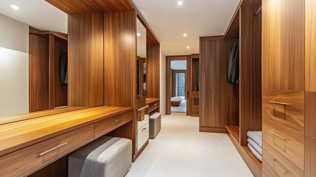 A spacious walk-in closet with sleek wooden cabinets and a vanity with a mirror.