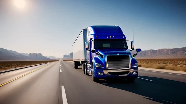 Blue Semi-Truck Driving on Open Highway in Desert Landscape

