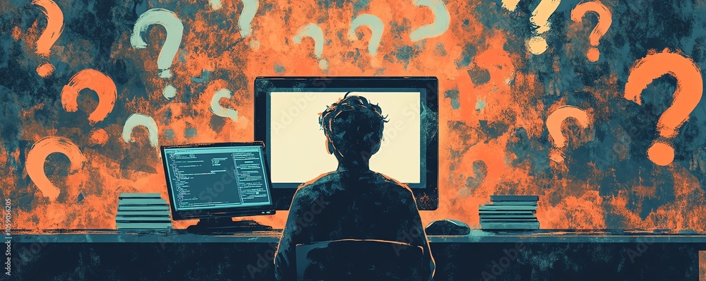 Poster illustration of a person sitting at a computer, surrounded by floating question marks, representing 