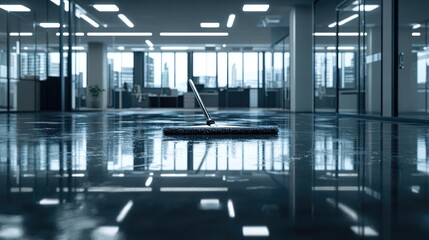 A mop rests on the freshly cleaned floor of an empty office space. The reflections of the ceiling lights and windows create a cool, minimalist aesthetic.