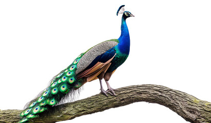 Naklejka premium peafowl or peacock with long feathers on a tree branch isolated on transparent PNG or white background.