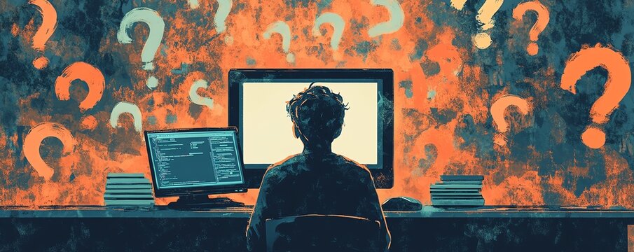 Illustration of a person sitting at a computer, surrounded by floating question marks, representing online FAQs and the process of asking questions on the internet