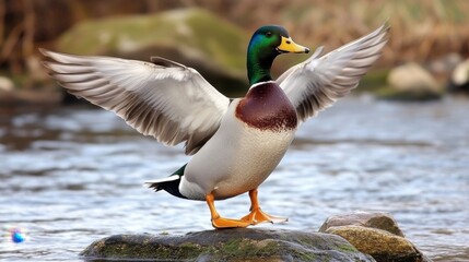 Obraz premium Majestic Mallard Duck Spreading Wings by Water