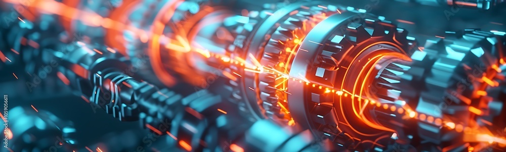 Poster A close-up view of intricate gears and glowing lines, showcasing a blend of technology and futuristic design in a vibrant color palette.