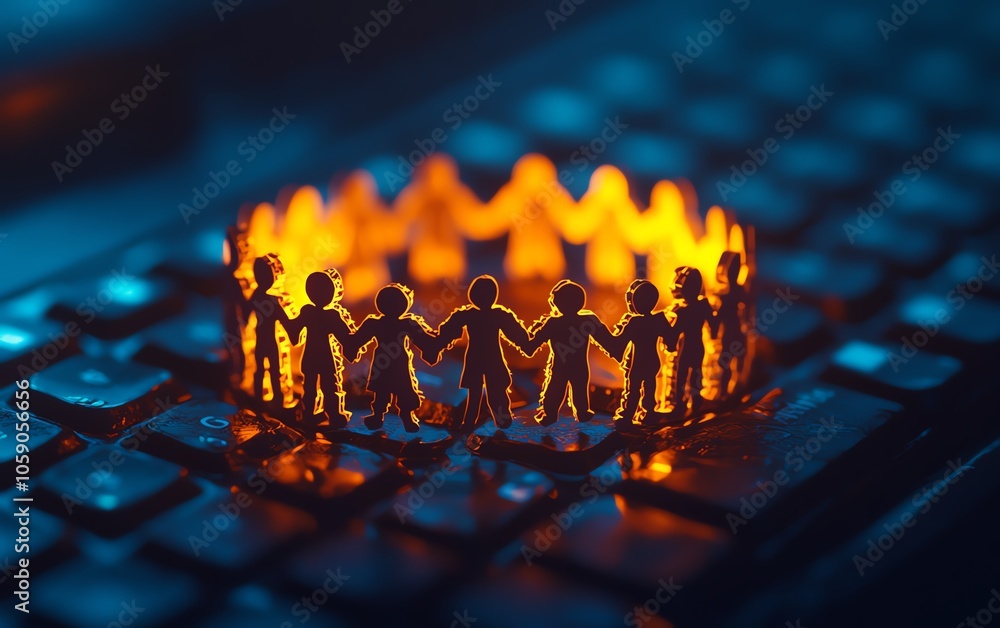 Poster papercut human figures holding hands in a circle on a computer keyboard, symbolizing online support 
