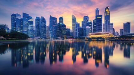Obraz premium Urban skyline at twilight, with glowing skyscrapers reflecting in a calm river, showcasing a vibrant city life under a dusky sky.