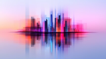 A modern city skyline with skyscrapers peeking through the fog at dawn, with soft, cool tones. 