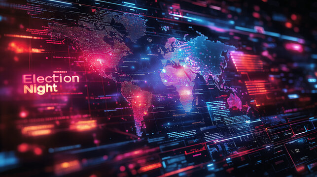 A colorful "Election Night" graphic with map visuals and ticker displaying live updates.
