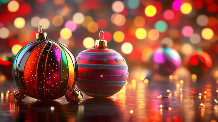 Three colorful, glittery Christmas ornaments rest on a shimmering surface, with a vibrant, festive bokeh background.