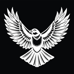 Black and White Bird Illustration with Outstretched Wings