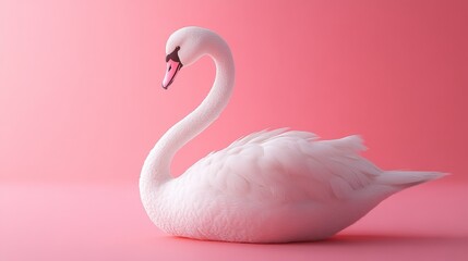 A white swan is laying on a pink background