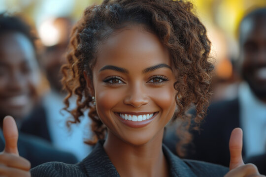 Political candidate surrounded by supporters, giving a thumbs up and smiling.