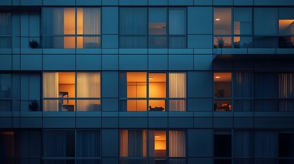 Fototapeta premium Modern office building facade featuring illuminated windows at dusk, geometric patterns, blue metal panels, warm interior lights, contemporary urban design.
